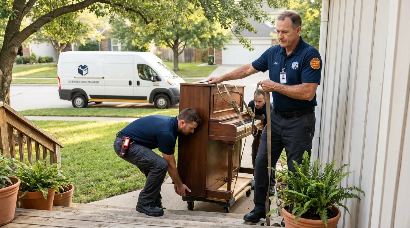 Licensed piano movers securing grand piano in Cairo, NY