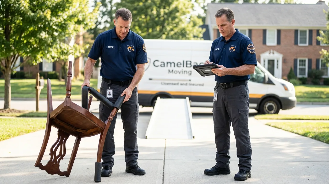 Movers inspecting furniture for damage prevention before loading in Cairo, NY