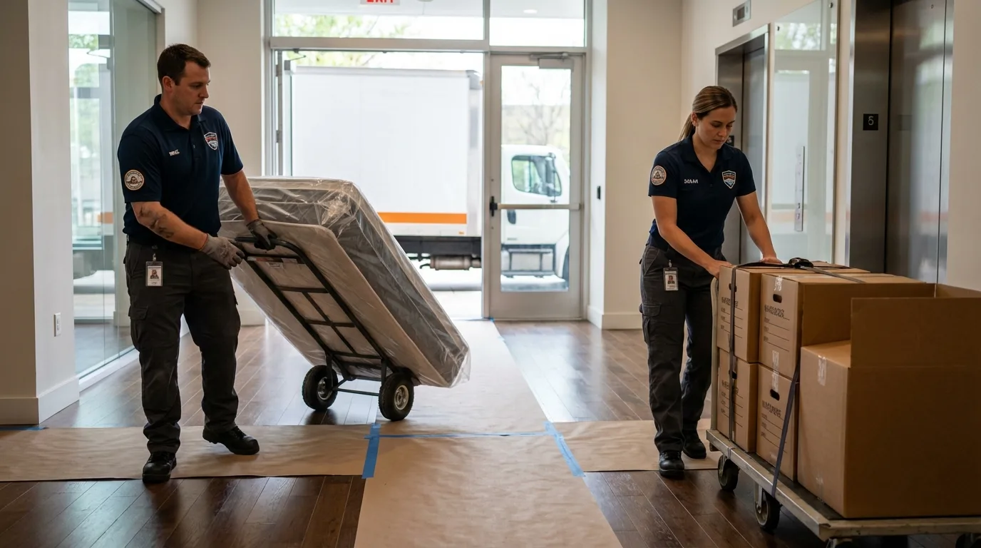 Professional apartment movers loading elevator in Cairo, NY